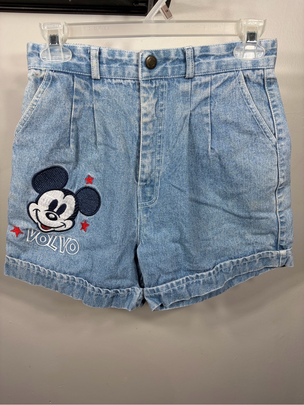 Vintage‎ Mickey Mouse Volvo Embroidered Denim Shorts Light Wash High Waist Y2K